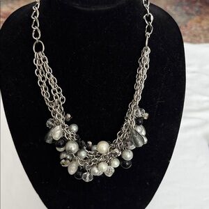 Silver Multi-Strand Necklace w Pearl Beads, glass & acylic beads